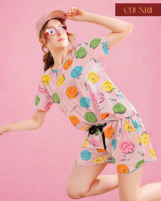 Happy Faces on Baby Pink Night Suit Set