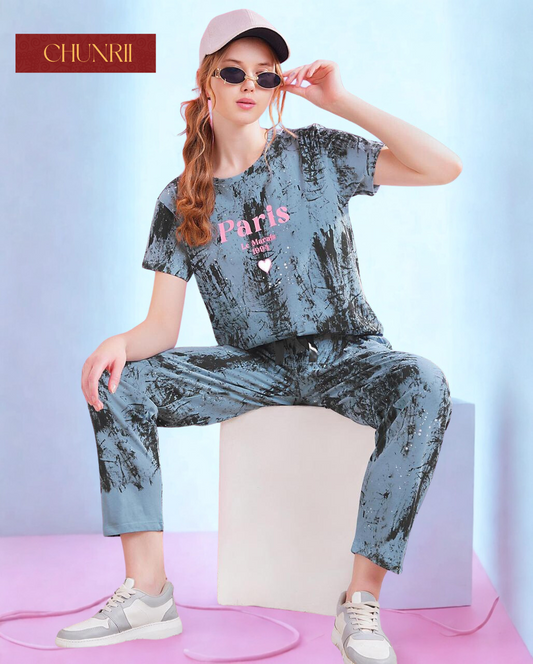 Paris Quote Blue Velvet-Feel Night Suit