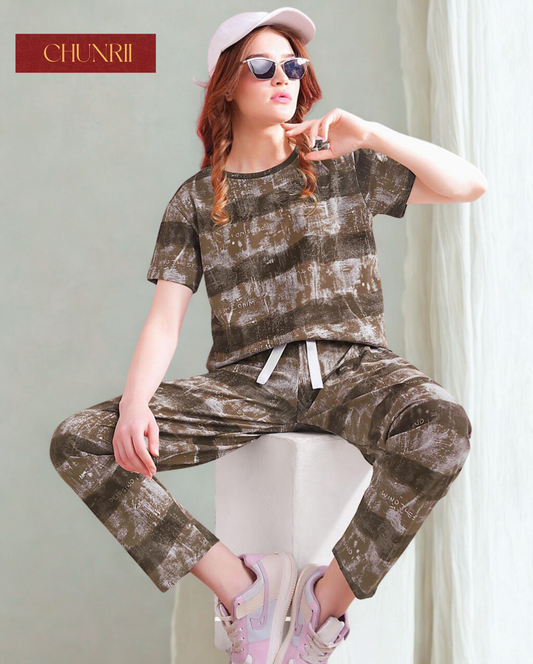 Olive Texture Print Night Suit