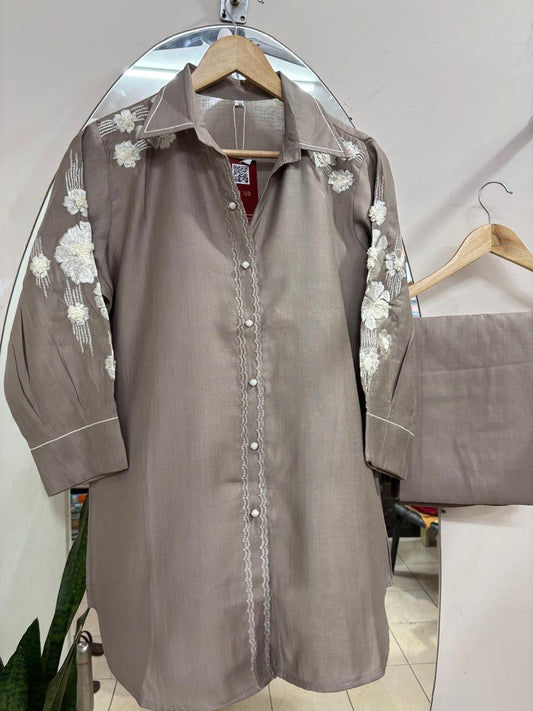 Taupe Embroidered Shirt Co-Ord Set