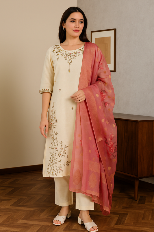 silk embroidred kurti pants dupptta set