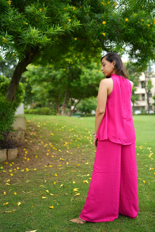 Pink Gathered Halter Neck Top and Palazzo Co-Ord Set