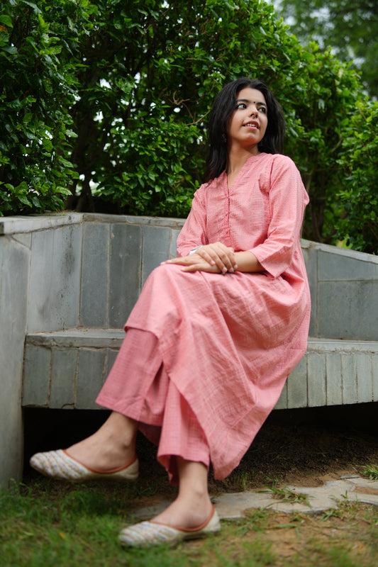Pink Jacquard A-Line with Straight Palazzo Co-ord Set