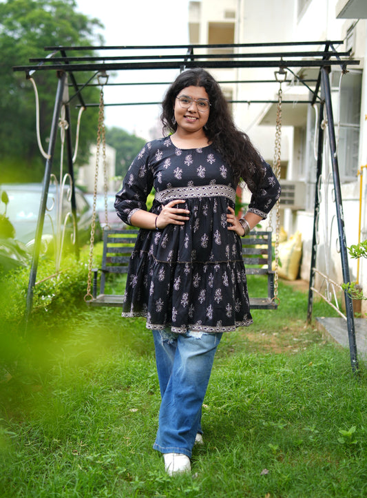 Flared Black Floral Short Kurti