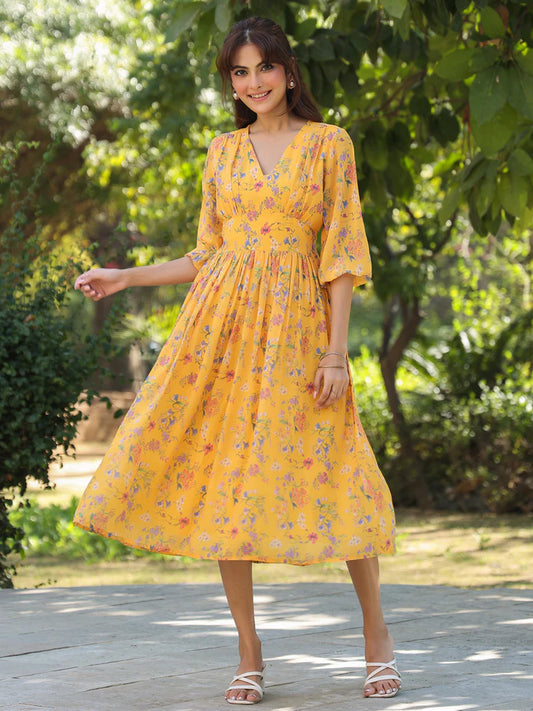 Mustard Bloom Georgette Floral Midi Dress