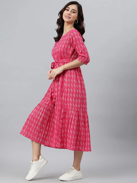Pink Cotton Woven Tiered Fit & Flare Dress