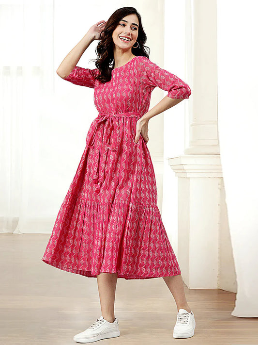 Pink Cotton Woven Tiered Fit & Flare Dress