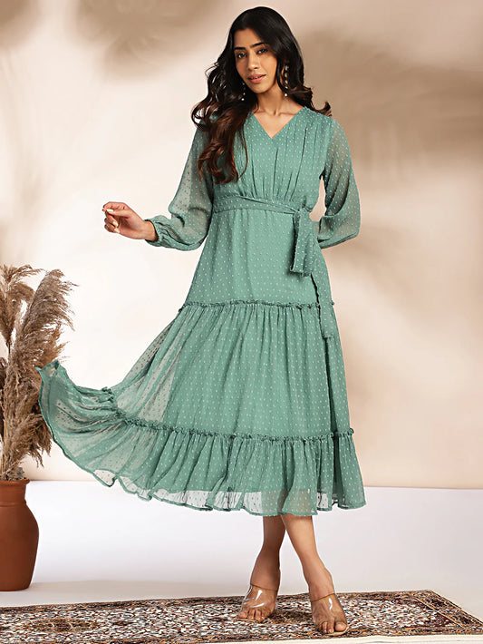 Sea Green Dobby Chiffon Solid Tiered Dress