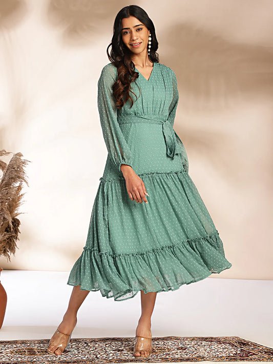 Sea Green Dobby Chiffon Solid Tiered Dress