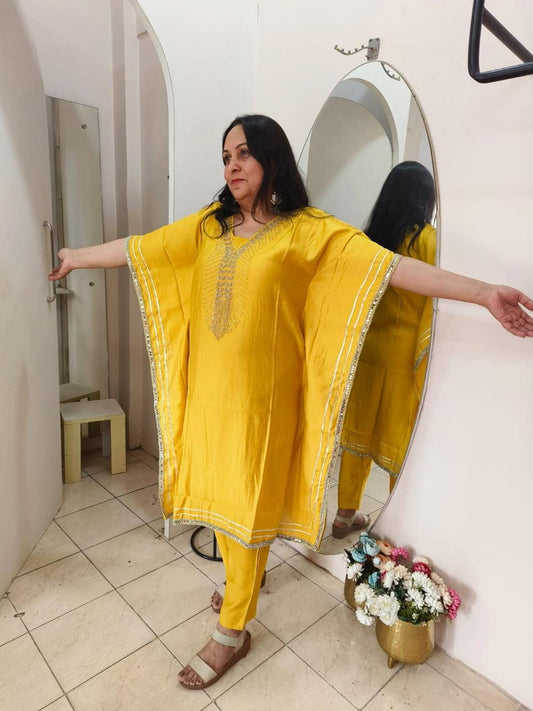 yellow imported cotton silk kaaftaan