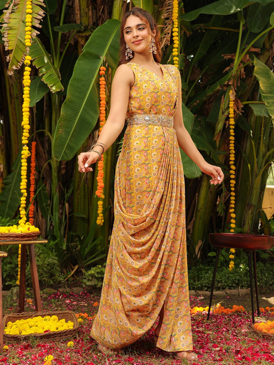 MUSTARD GEORGETTE FLORAL READY TO WEAR DRESS SAREE