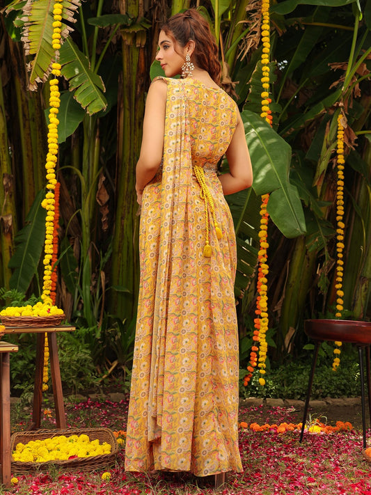 MUSTARD GEORGETTE FLORAL READY TO WEAR DRESS SAREE