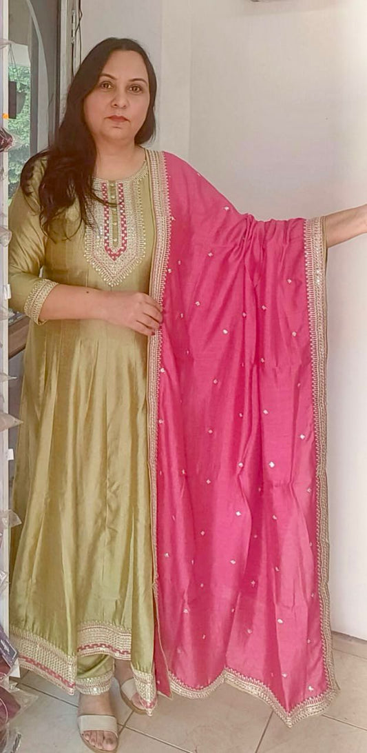 anarkali silk embroidred kurti pants dupptta set