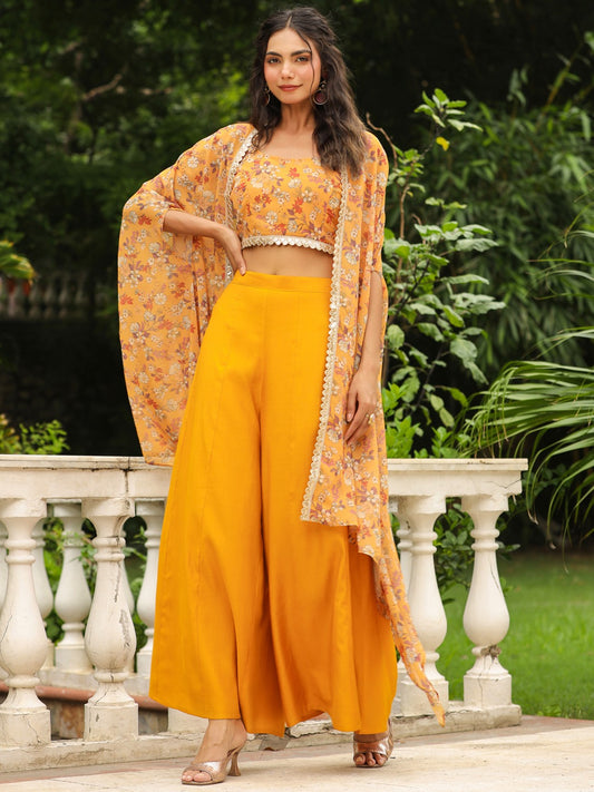 MUSTARD GEORGETTE FLORAL PRINTED TOP WITH PALAZZO & CAPE SET