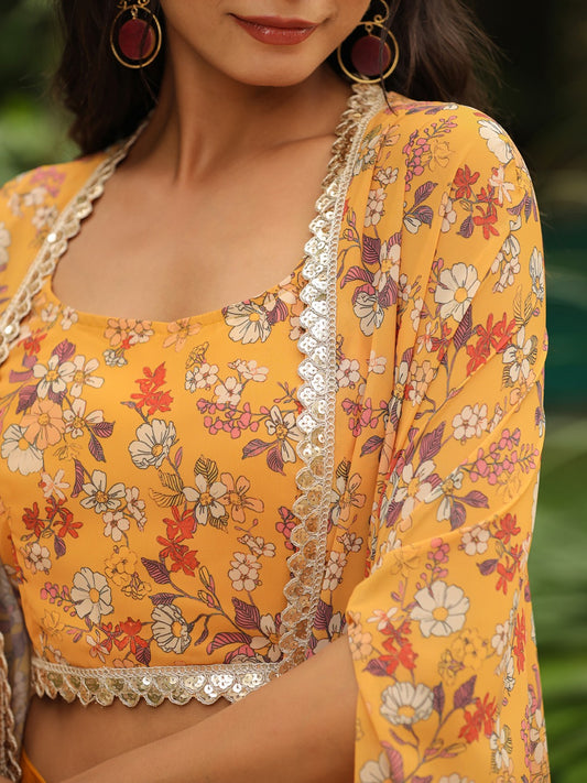 MUSTARD GEORGETTE FLORAL PRINTED TOP WITH PALAZZO & CAPE SET