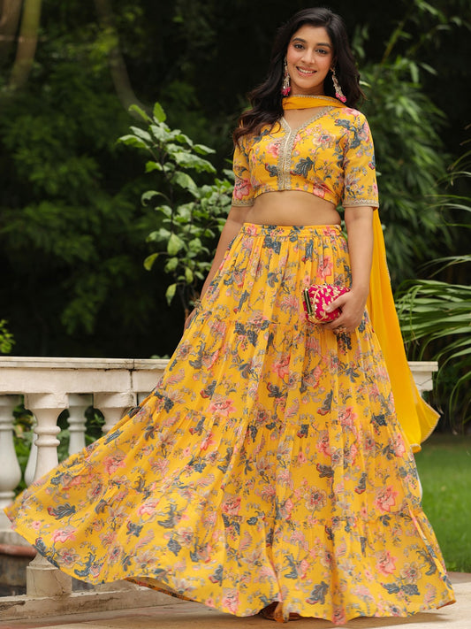 YELLOW GEORGETTE FLORAL PRINTED LEHENGA CHOLI SET