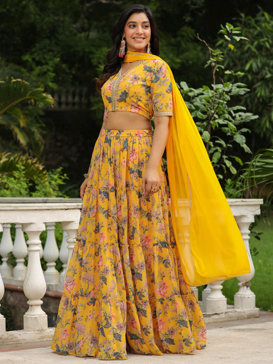 YELLOW GEORGETTE FLORAL PRINTED LEHENGA CHOLI SET