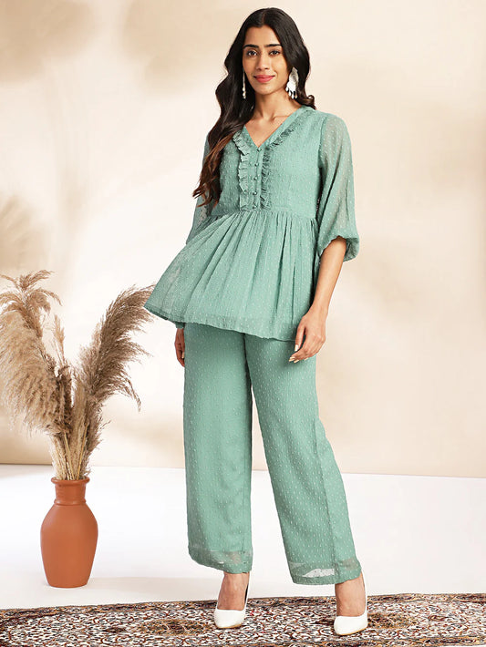 Sea Green Dobby Chiffon Woven Design Peplum Co-ord Set