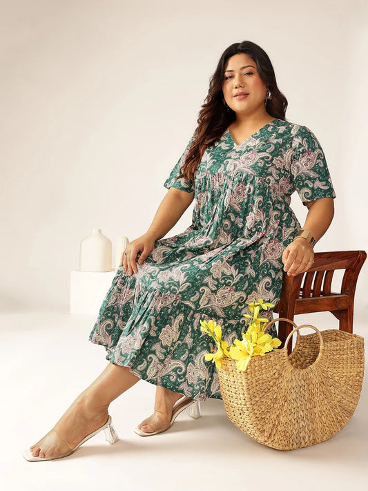 Plus Size Emerald Green Cotton Floral Tiered Dress