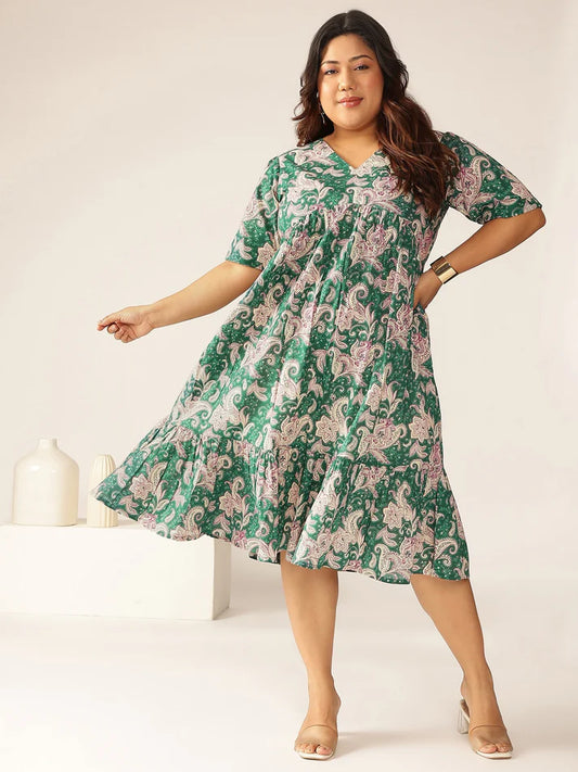 Plus Size Emerald Green Cotton Floral Tiered Dress
